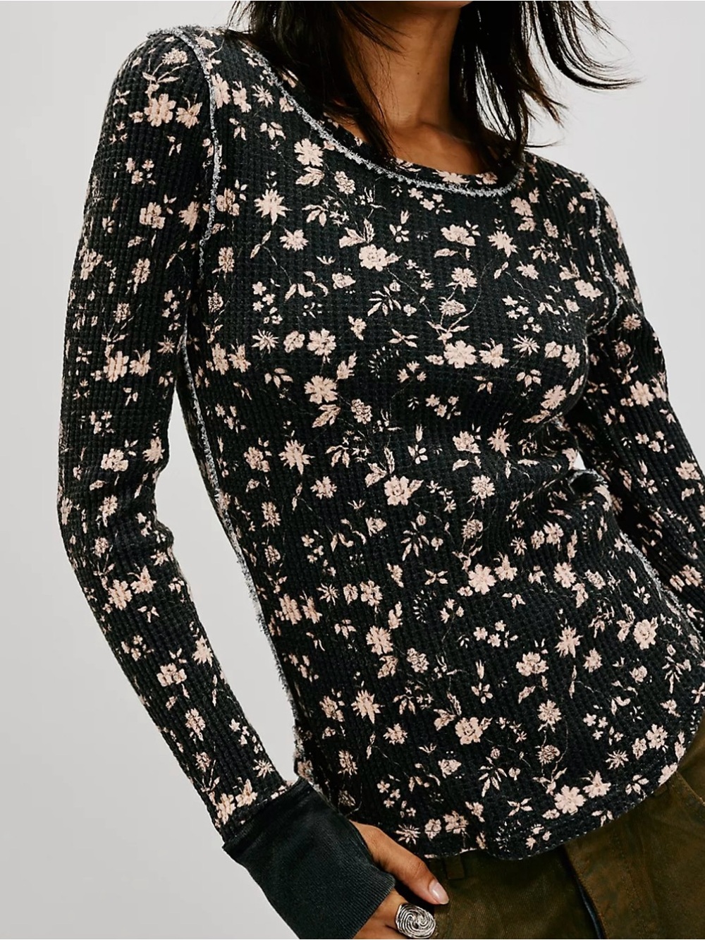 We The Free Pretty Little Thermal Black Floral Print 100% Cotton Size Small